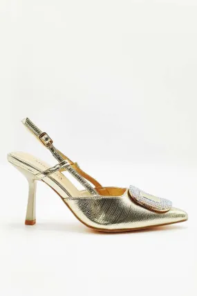 Amia Diamante Brooch Detail Slingback Court Heel in Gold