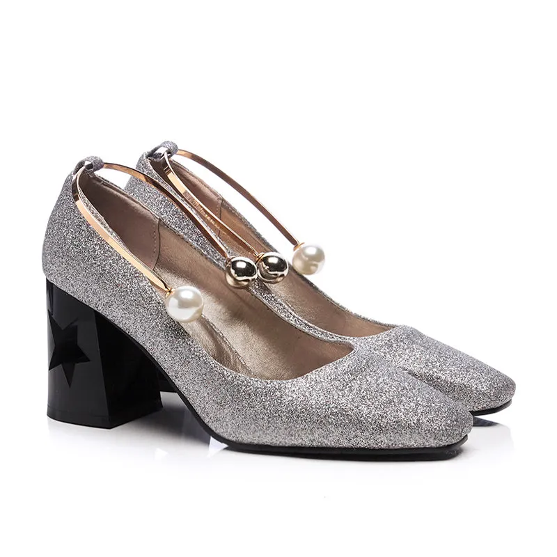 Bigsizeheels Sexy square toe thick heels work shoes - Light gray