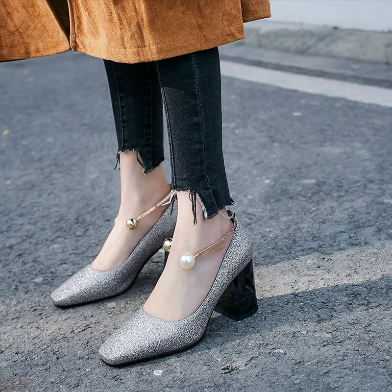Bigsizeheels Sexy square toe thick heels work shoes - Light gray
