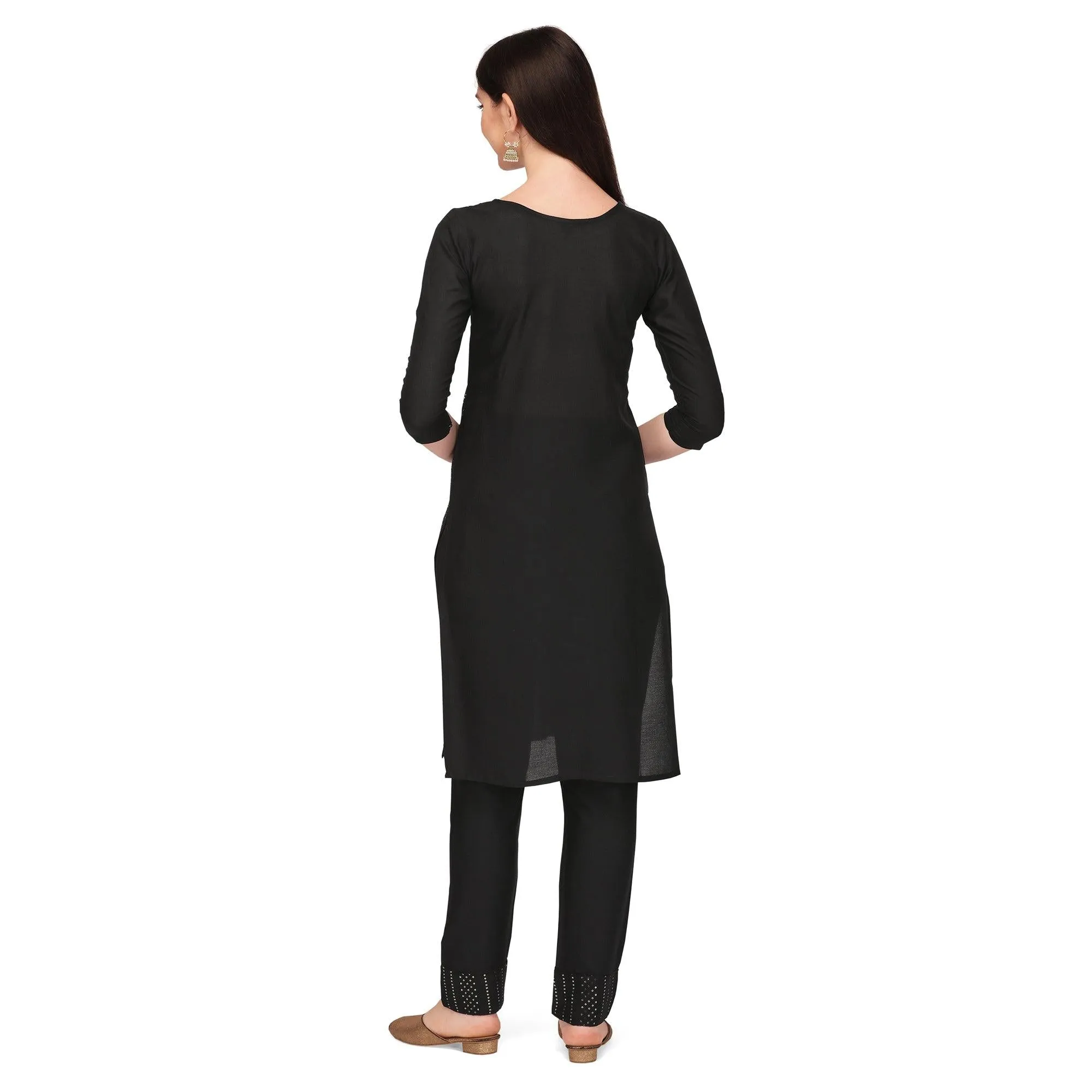 Black Sequins Embroidered Rayon Kurti Pant Set
