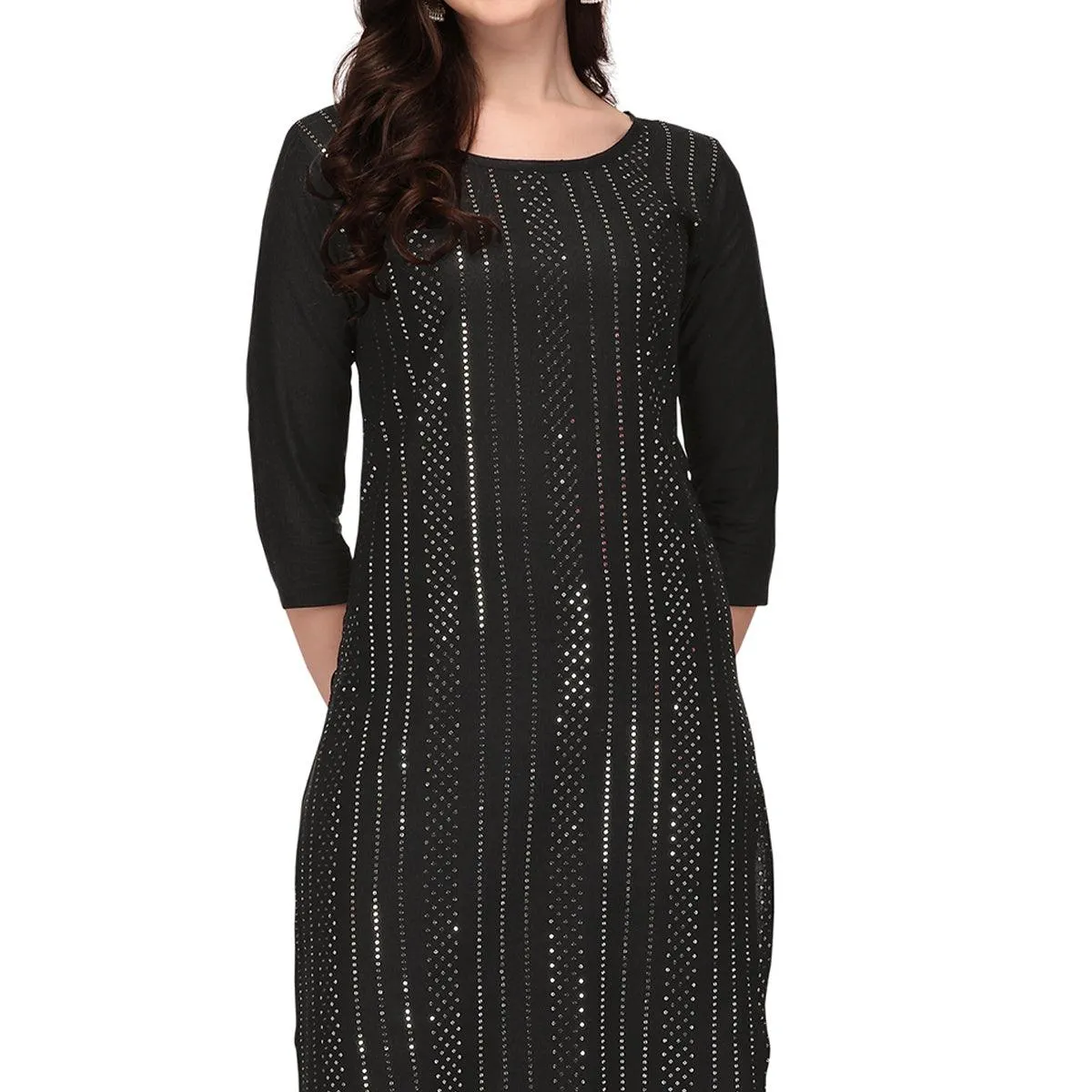 Black Sequins Embroidered Rayon Kurti Pant Set