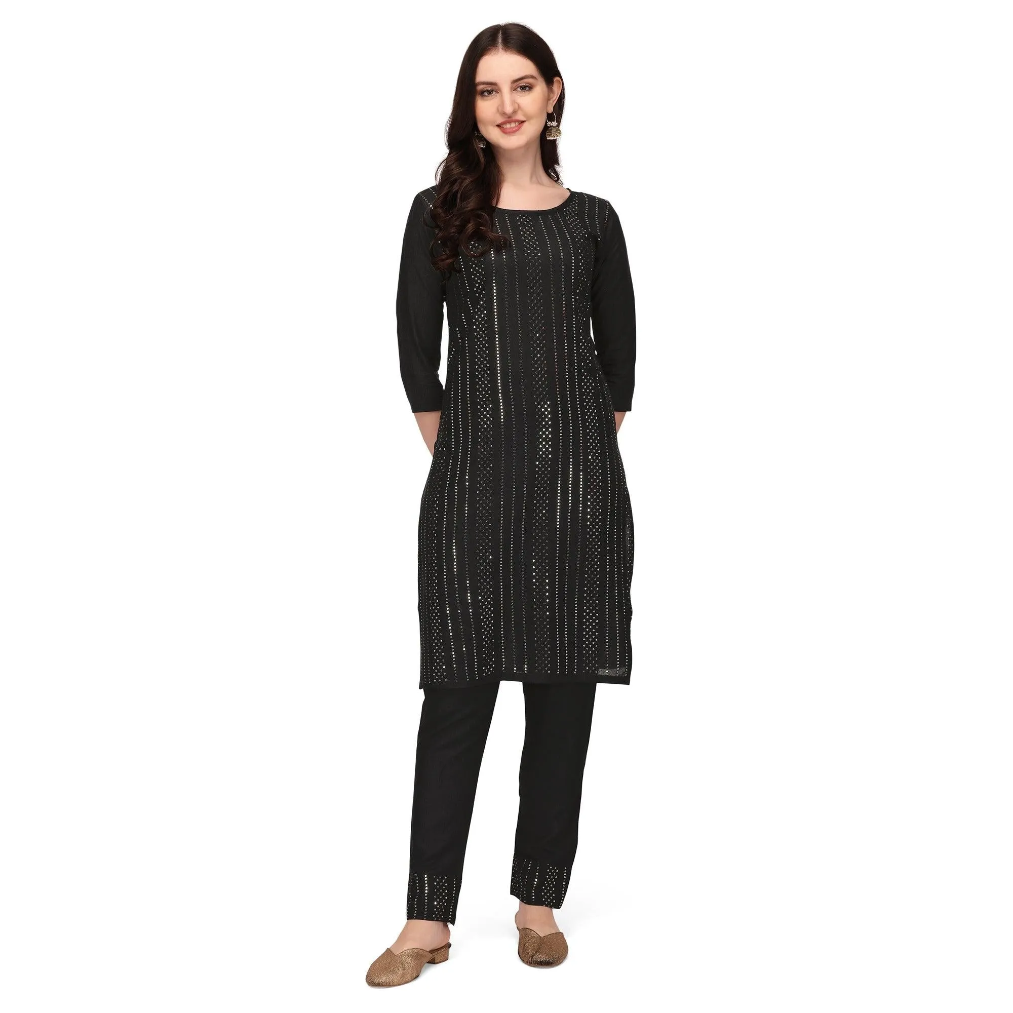 Black Sequins Embroidered Rayon Kurti Pant Set