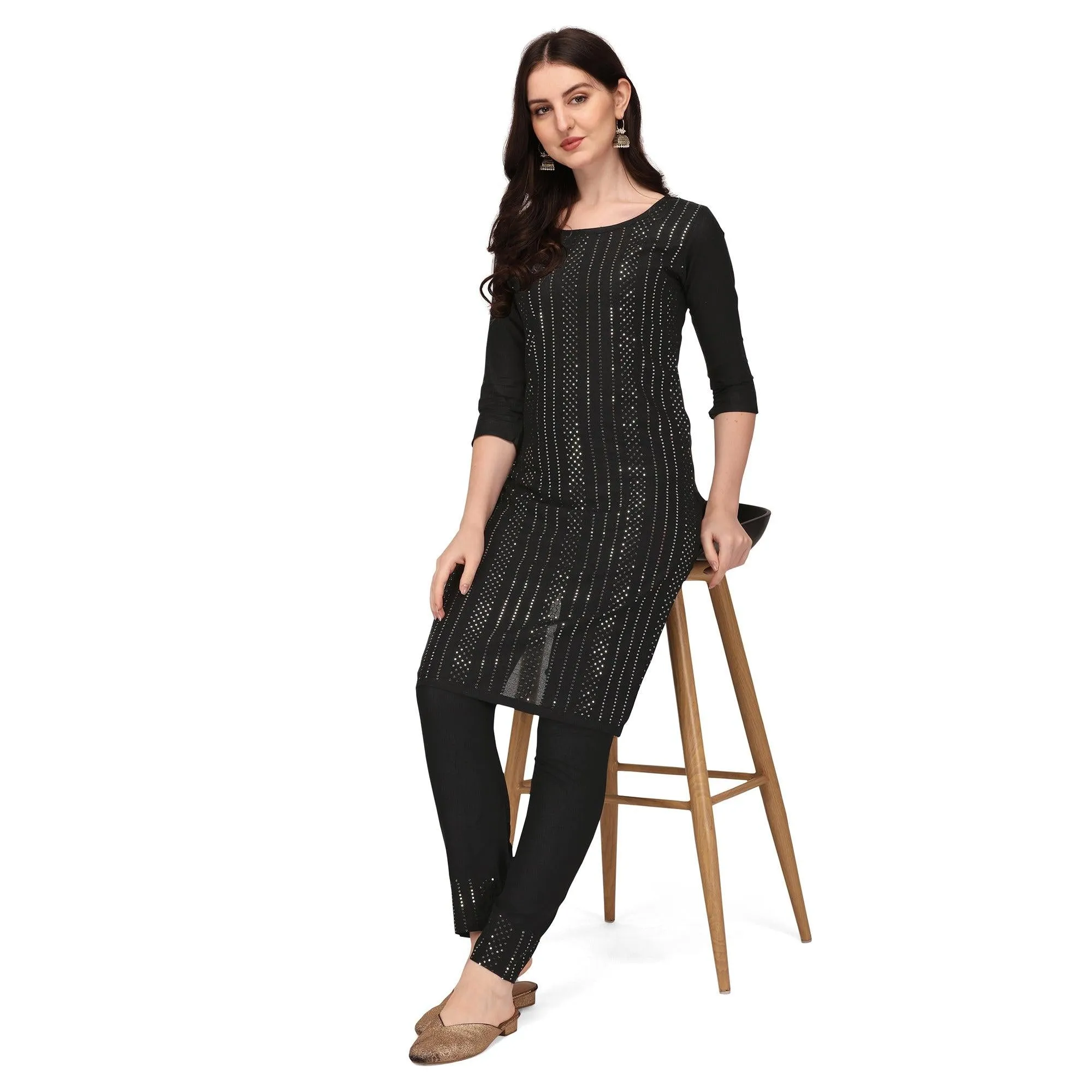 Black Sequins Embroidered Rayon Kurti Pant Set