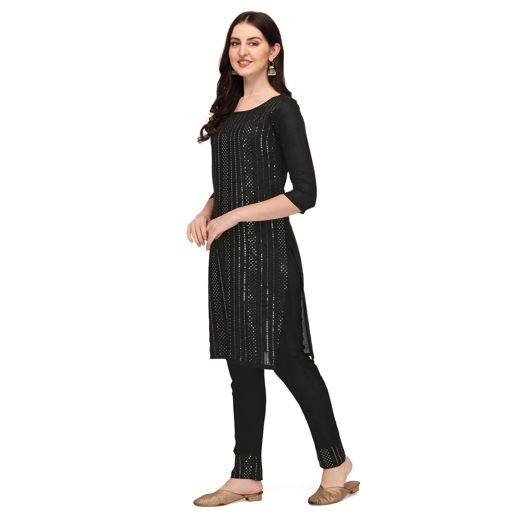 Black Sequins Embroidered Rayon Kurti Pant Set