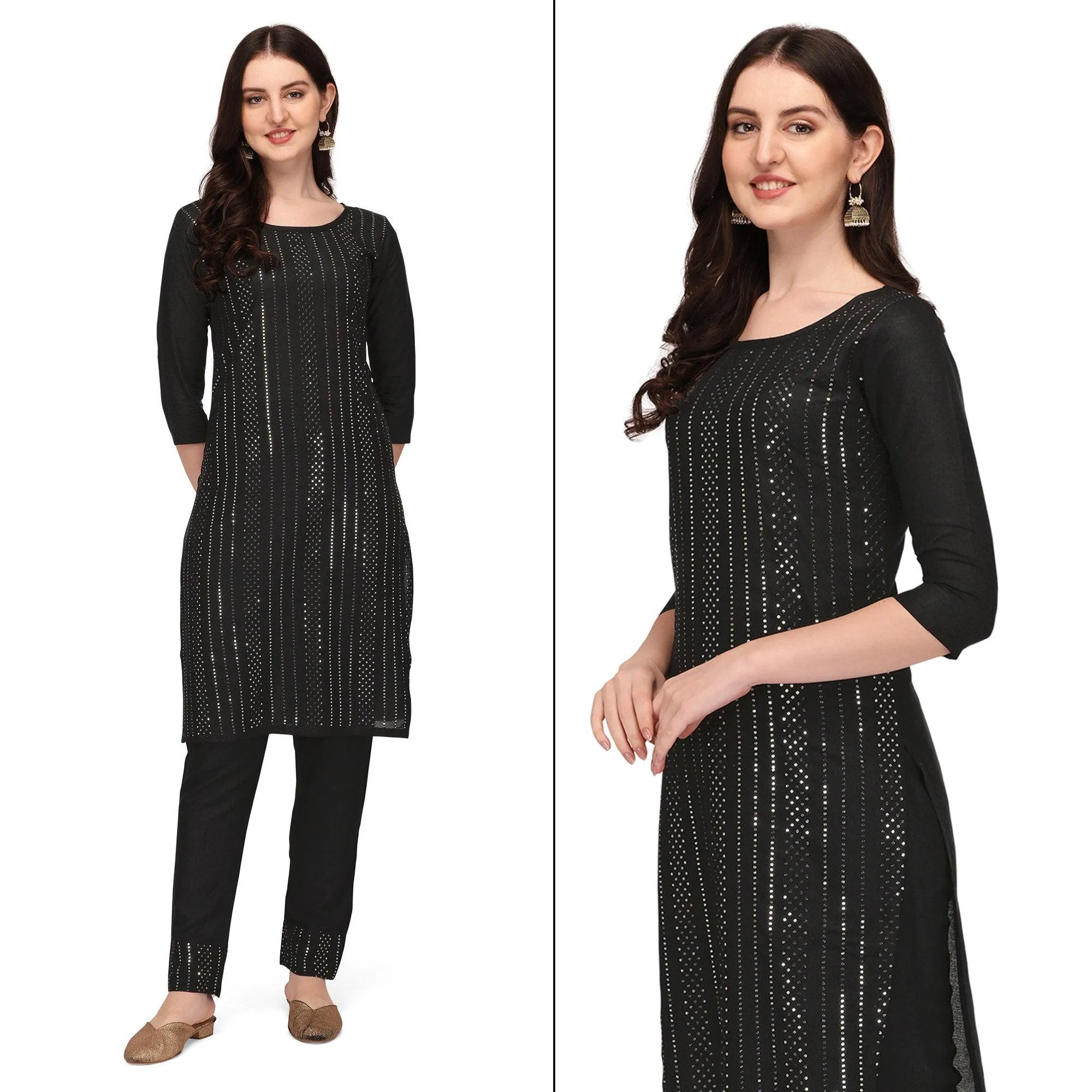Black Sequins Embroidered Rayon Kurti Pant Set
