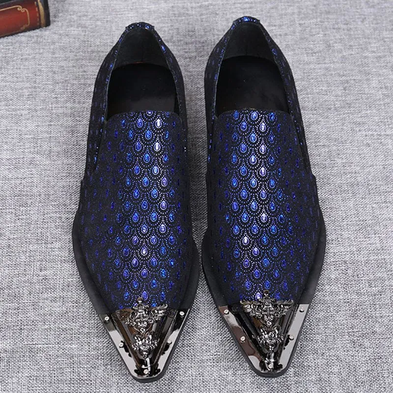 Blue Leather Peacock Patterned Shoes with Metal Toe Cap