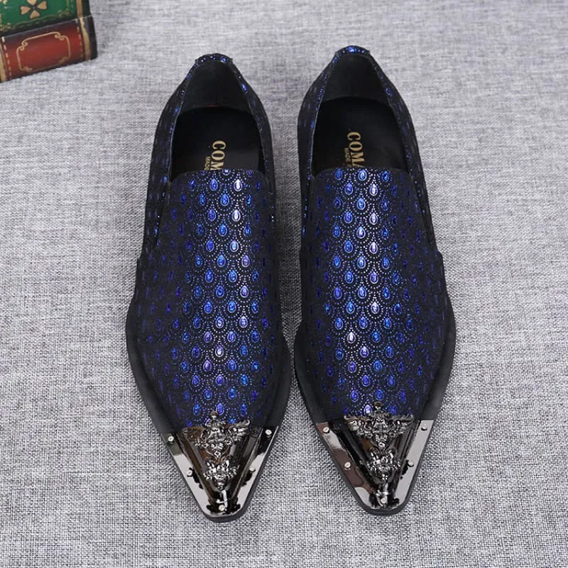 Blue Leather Peacock Patterned Shoes with Metal Toe Cap