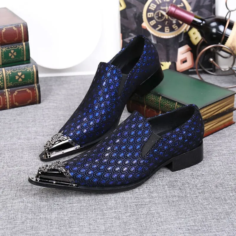 Blue Leather Peacock Patterned Shoes with Metal Toe Cap
