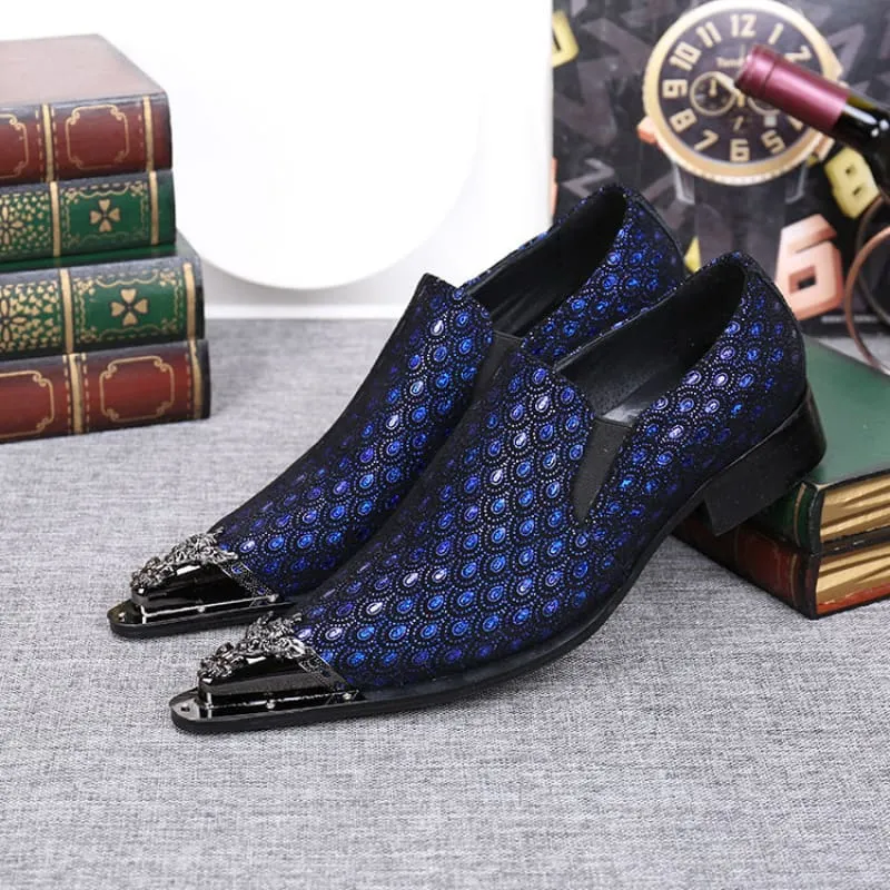 Blue Leather Peacock Patterned Shoes with Metal Toe Cap
