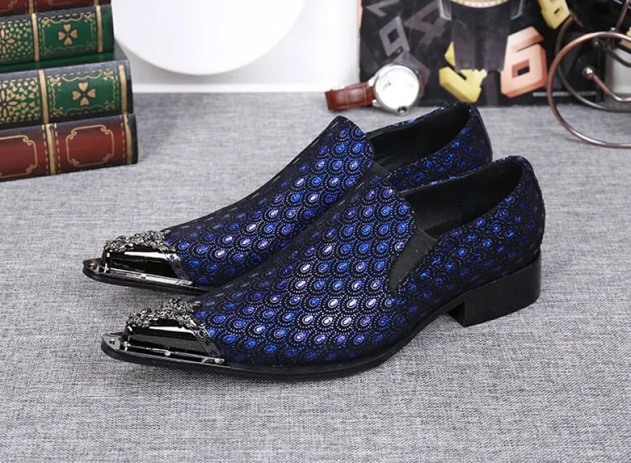 Blue Leather Peacock Patterned Shoes with Metal Toe Cap