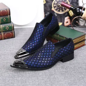 Blue Leather Peacock Patterned Shoes with Metal Toe Cap