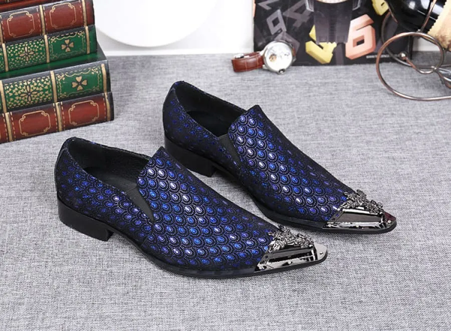 Blue Leather Peacock Patterned Shoes with Metal Toe Cap