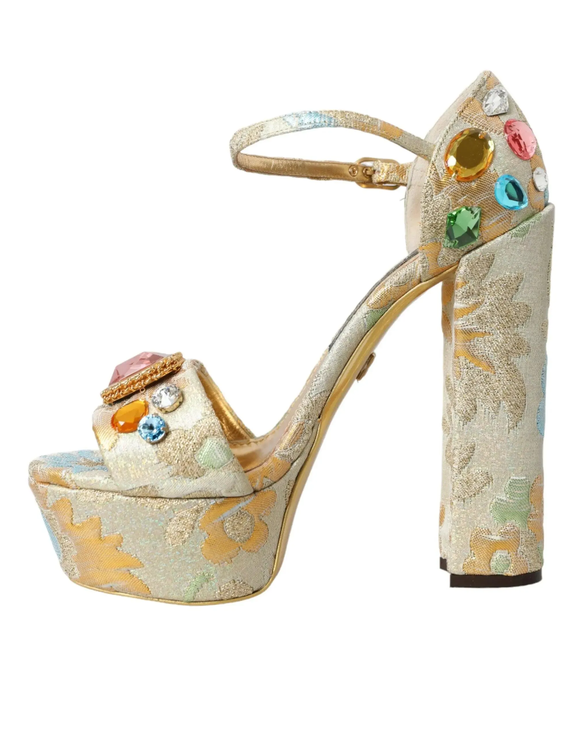 Dolce & Gabbana Gold Floral Jacquard Crystal Sandals