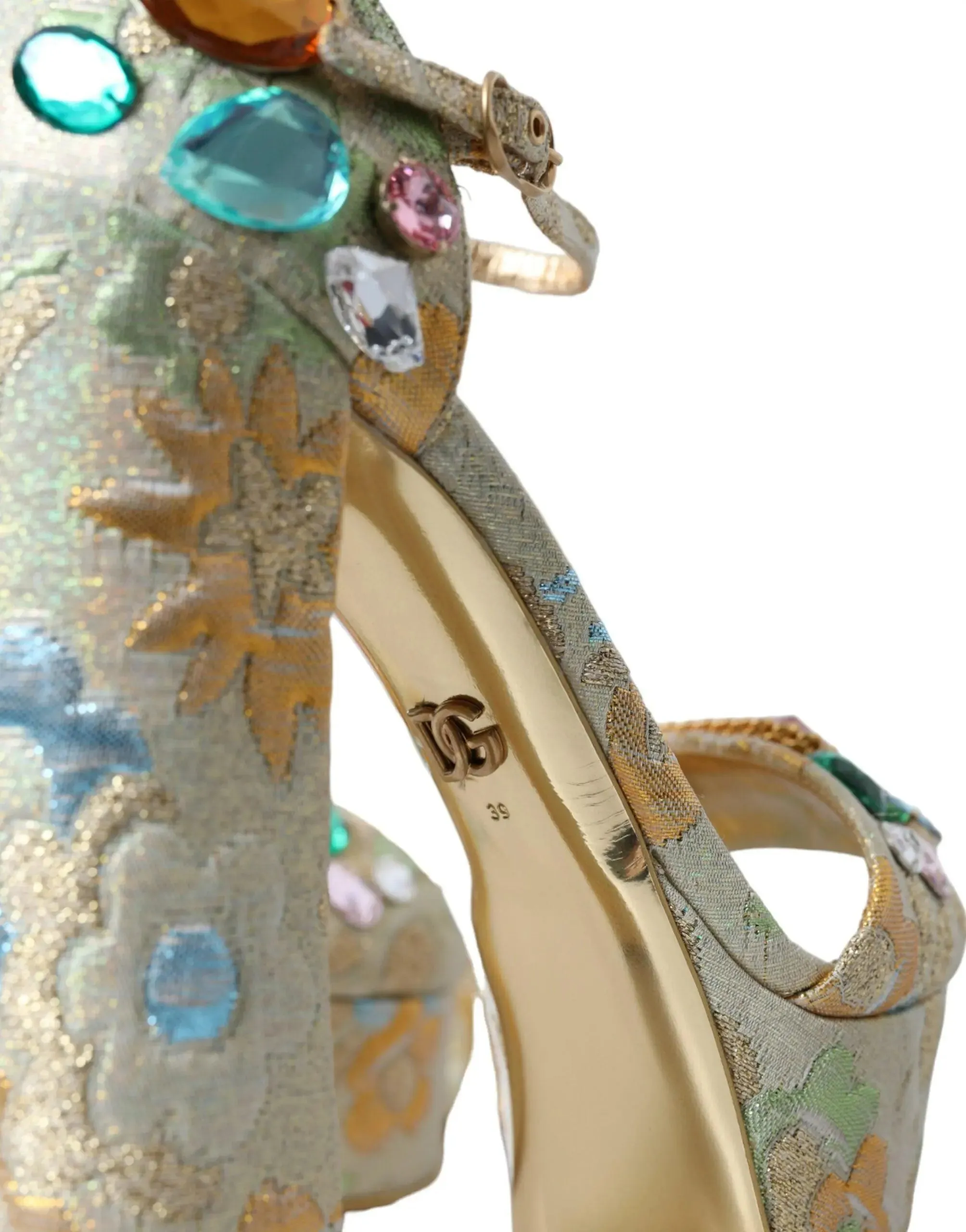 Dolce & Gabbana Gold Floral Jacquard Crystal Sandals