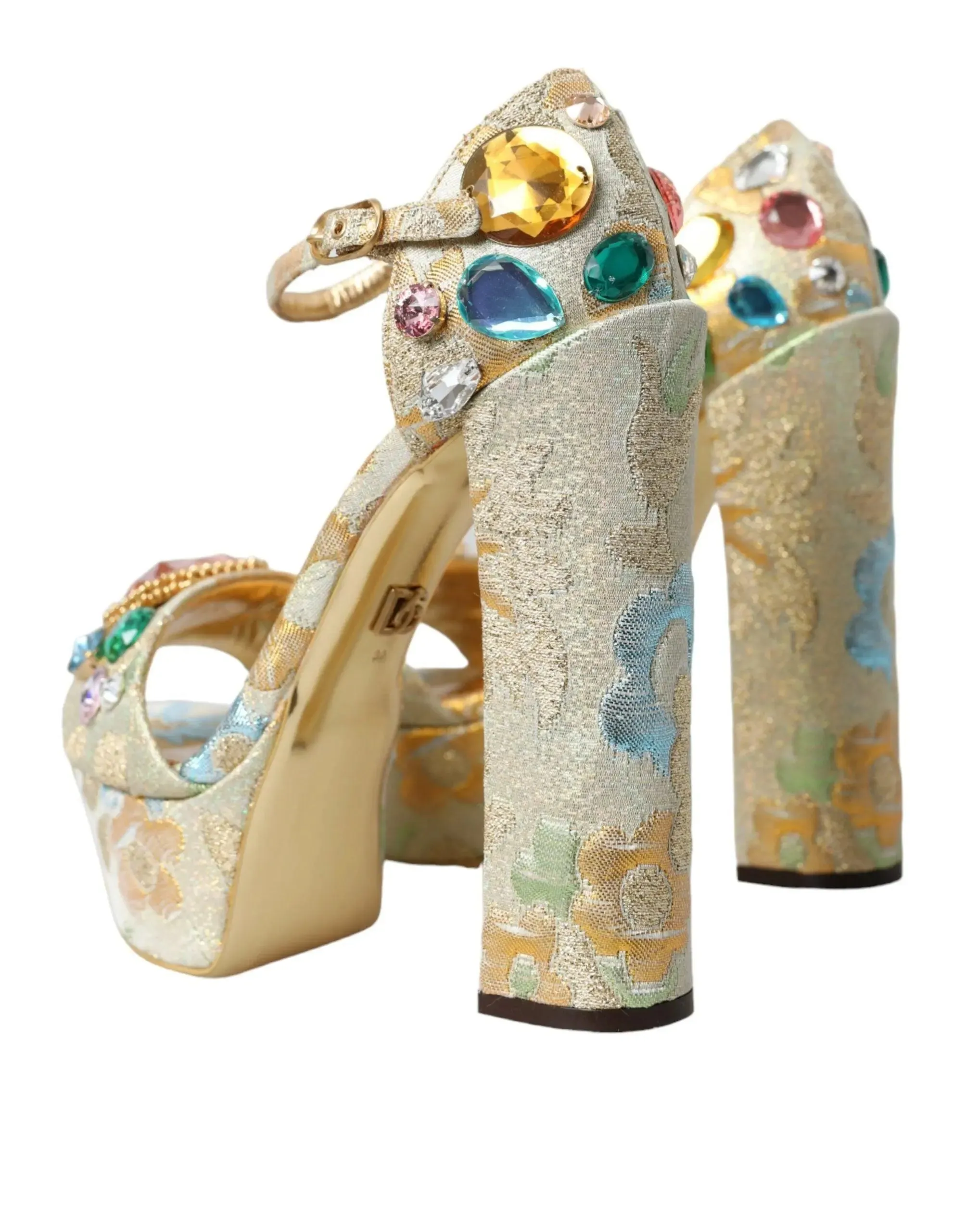 Dolce & Gabbana Gold Floral Jacquard Crystal Sandals