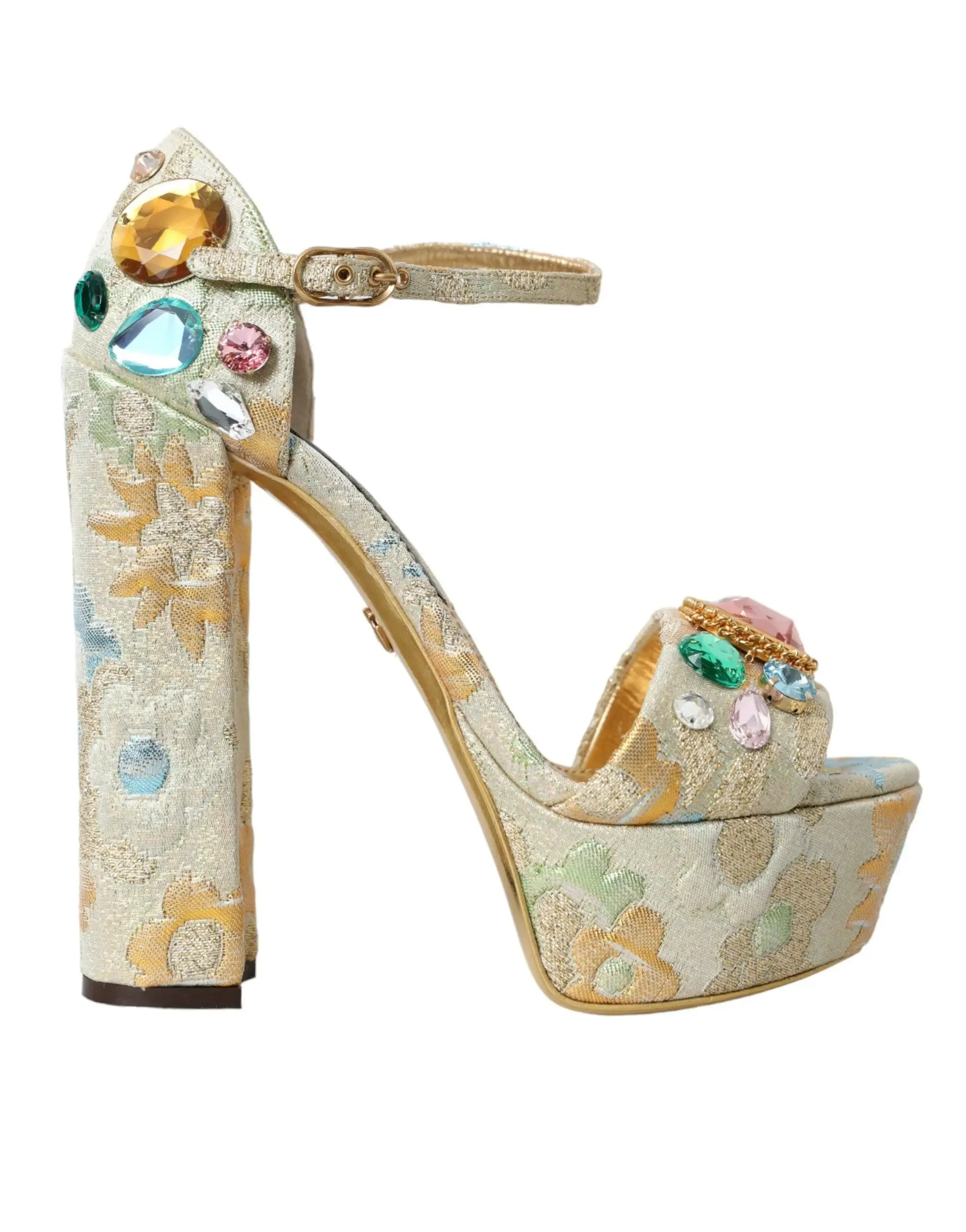 Dolce & Gabbana Gold Floral Jacquard Crystal Sandals