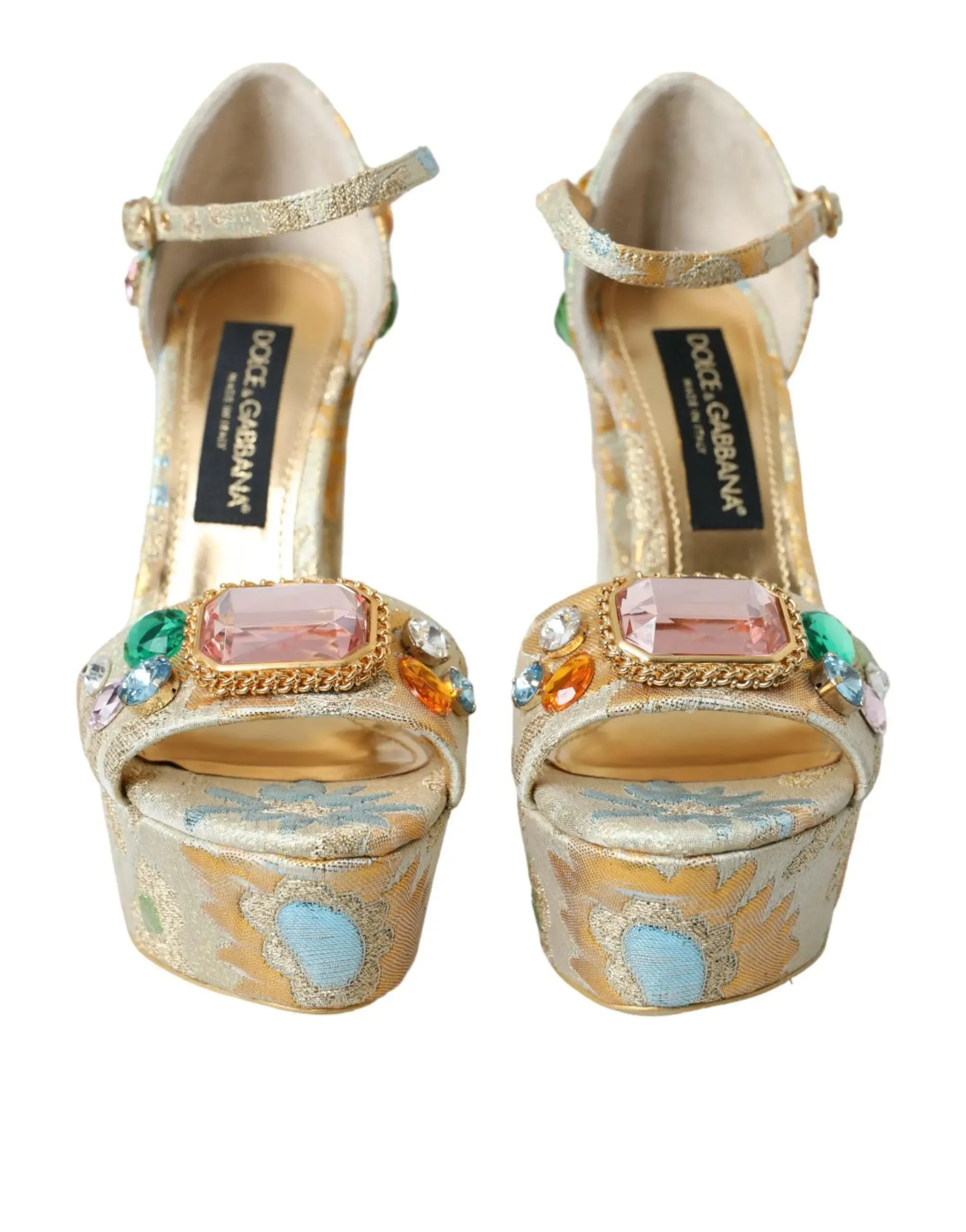Dolce & Gabbana Gold Floral Jacquard Crystal Sandals