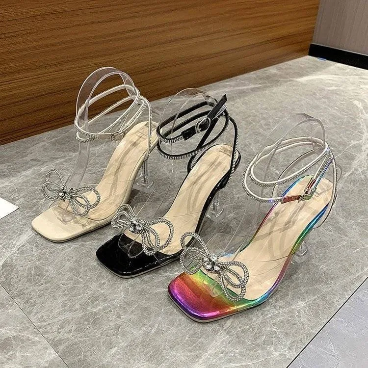Elegant Crystal Bow Transparent Heels – Chic & Stylish