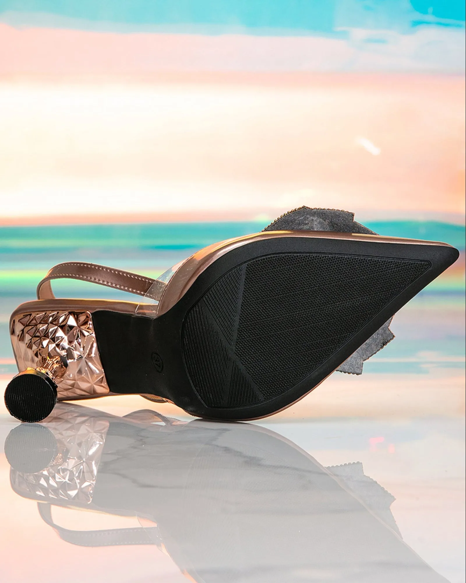 Elena Rhinestone Bow Flared Heels In Rose Gold