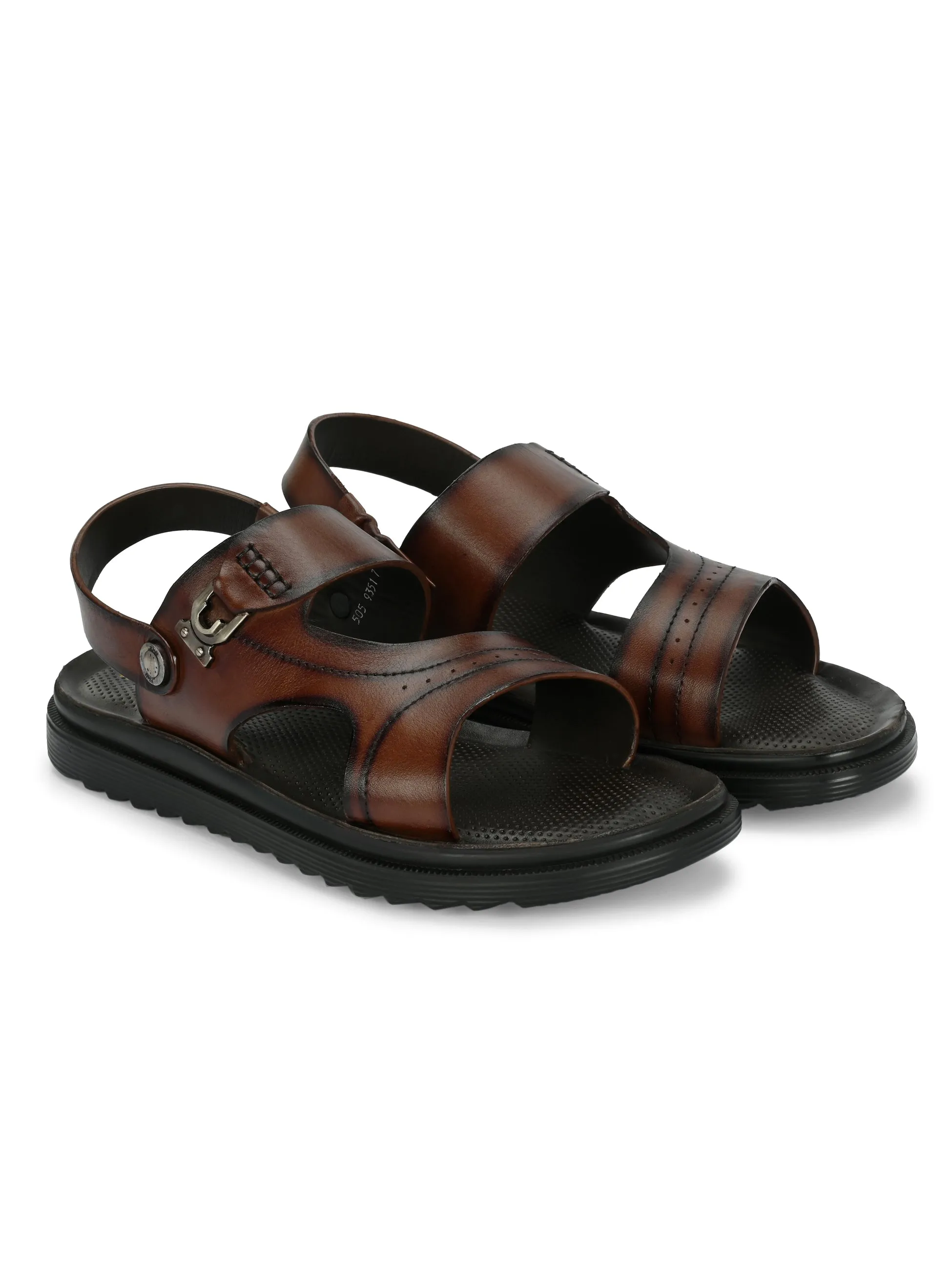 Hitz Men's Brown Leather Open Toe Slip-On Sandals