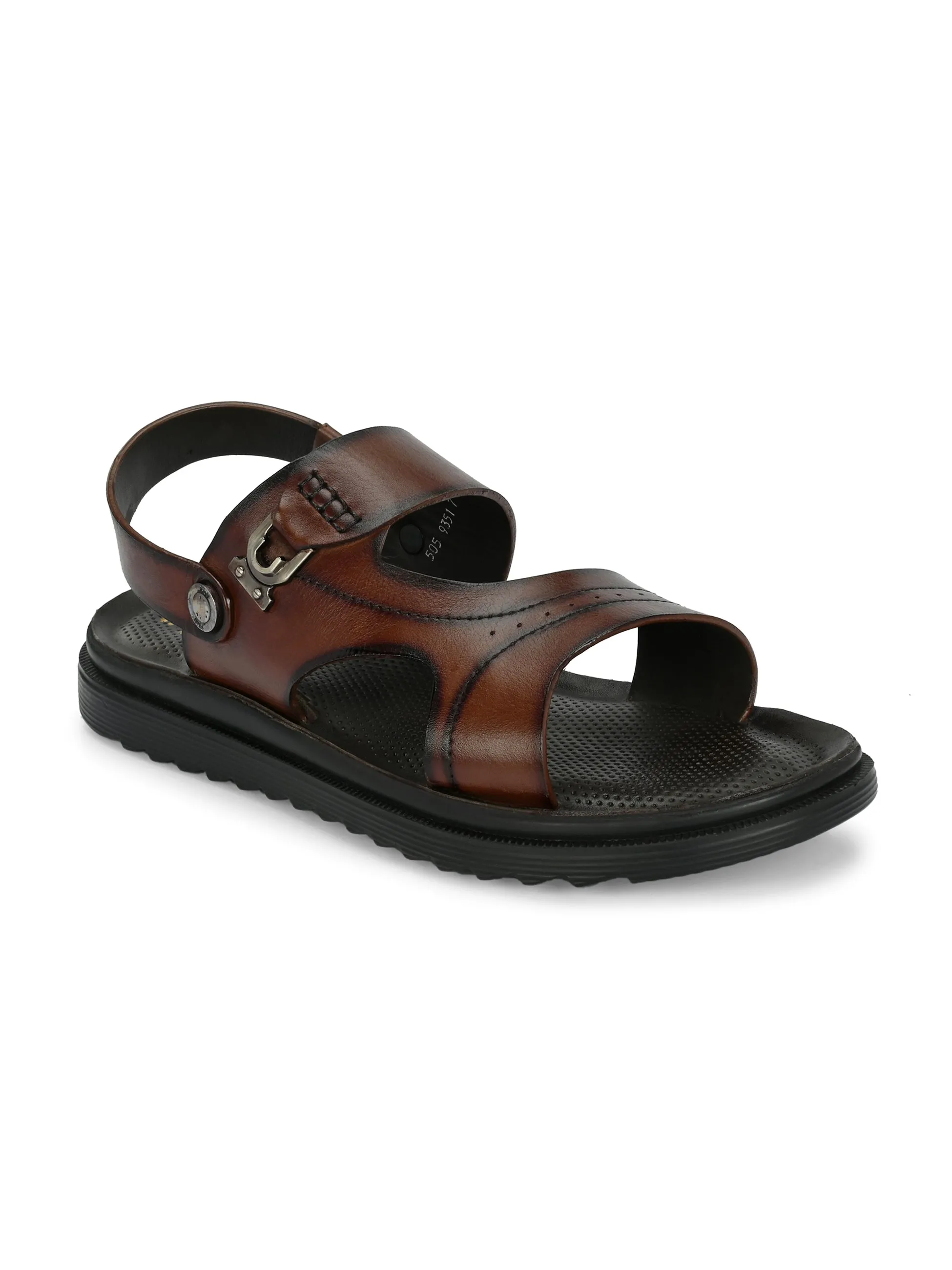 Hitz Men's Brown Leather Open Toe Slip-On Sandals