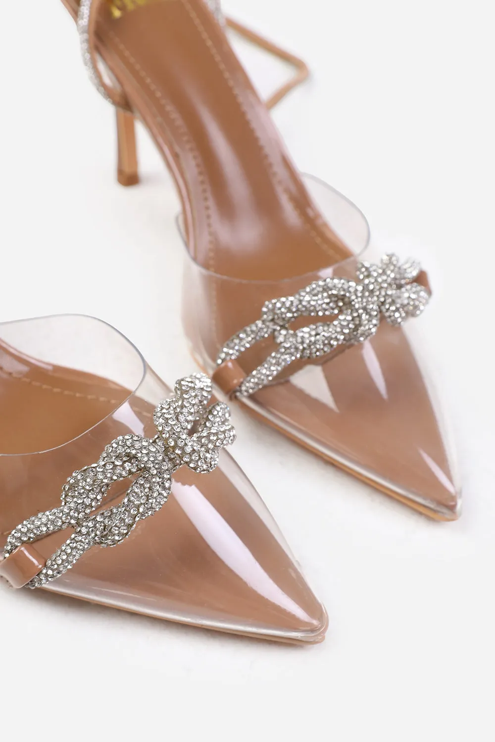 JULIA WIDE FIT PERSPEX HEEL WITH EMBELLISHED DETAIL AND DIAMANTE CROSS STRAP IN MOCHA PATENT