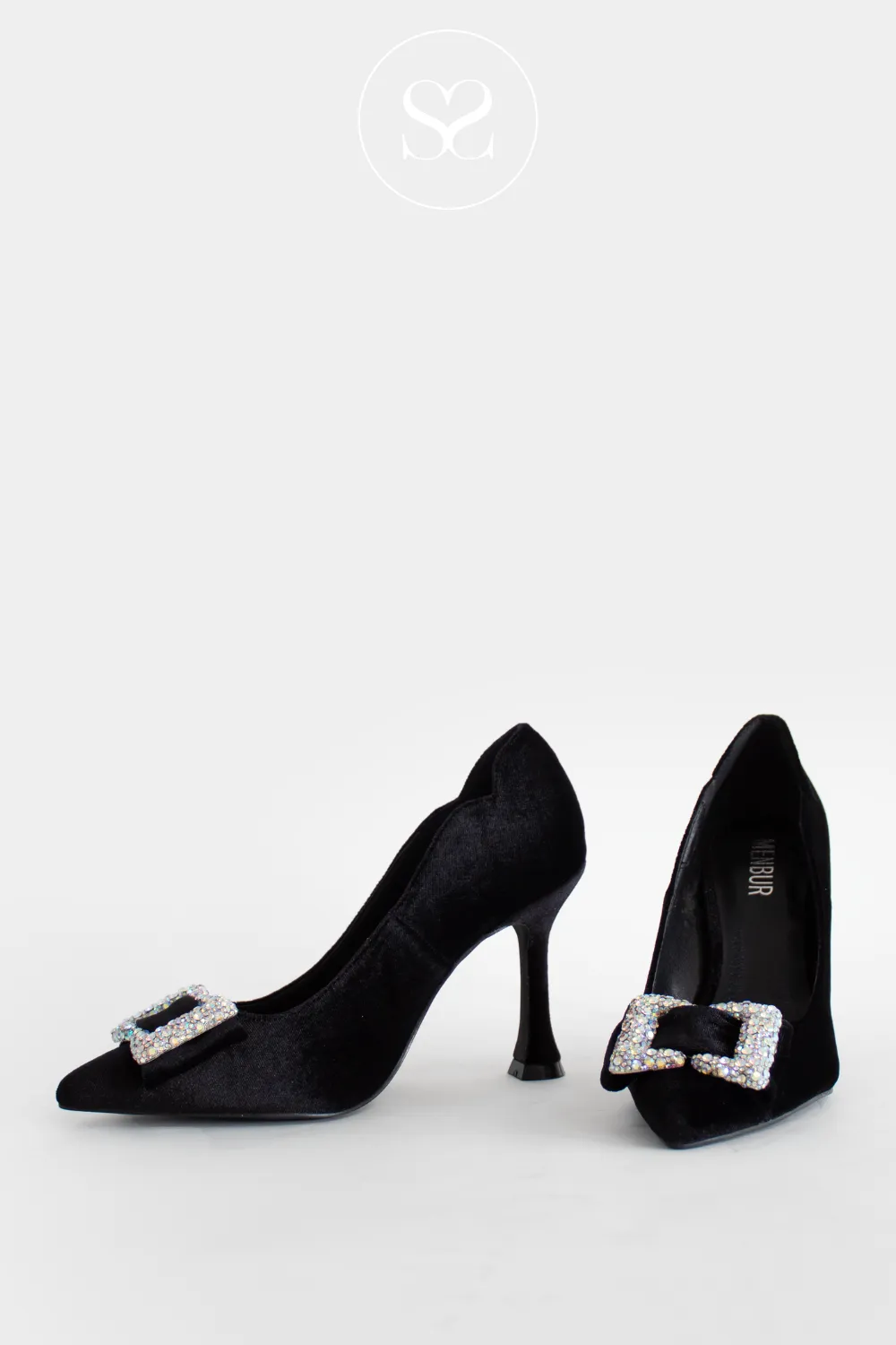 MENBUR 25928 BLACK VELVET HIGH HEEL WITH DIAMANTE BUCKLE