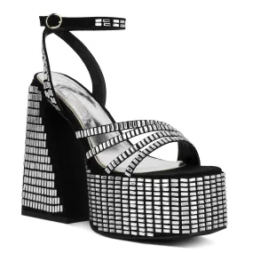 Mirror Embellished Flare Block Heel Sandals