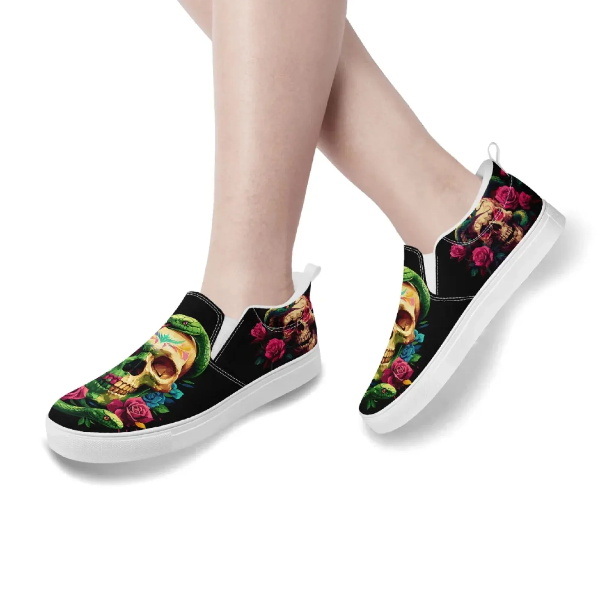 Personalized Gothic Fashion Sneakers, Custom Skull Slip On Shoes, Skeleton Unisex Comfort Shoes
