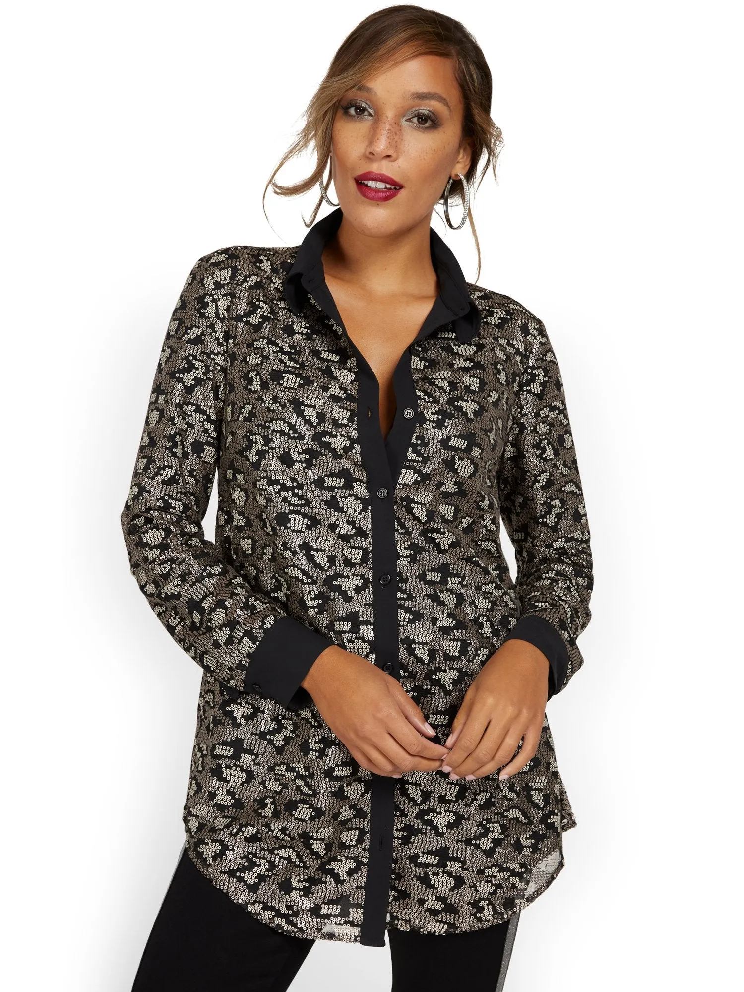 Sequin Leopard-Print Tunic Shirt