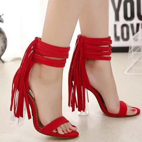 Suede Strappy Ankle Chunky Heel Fringe Sandals