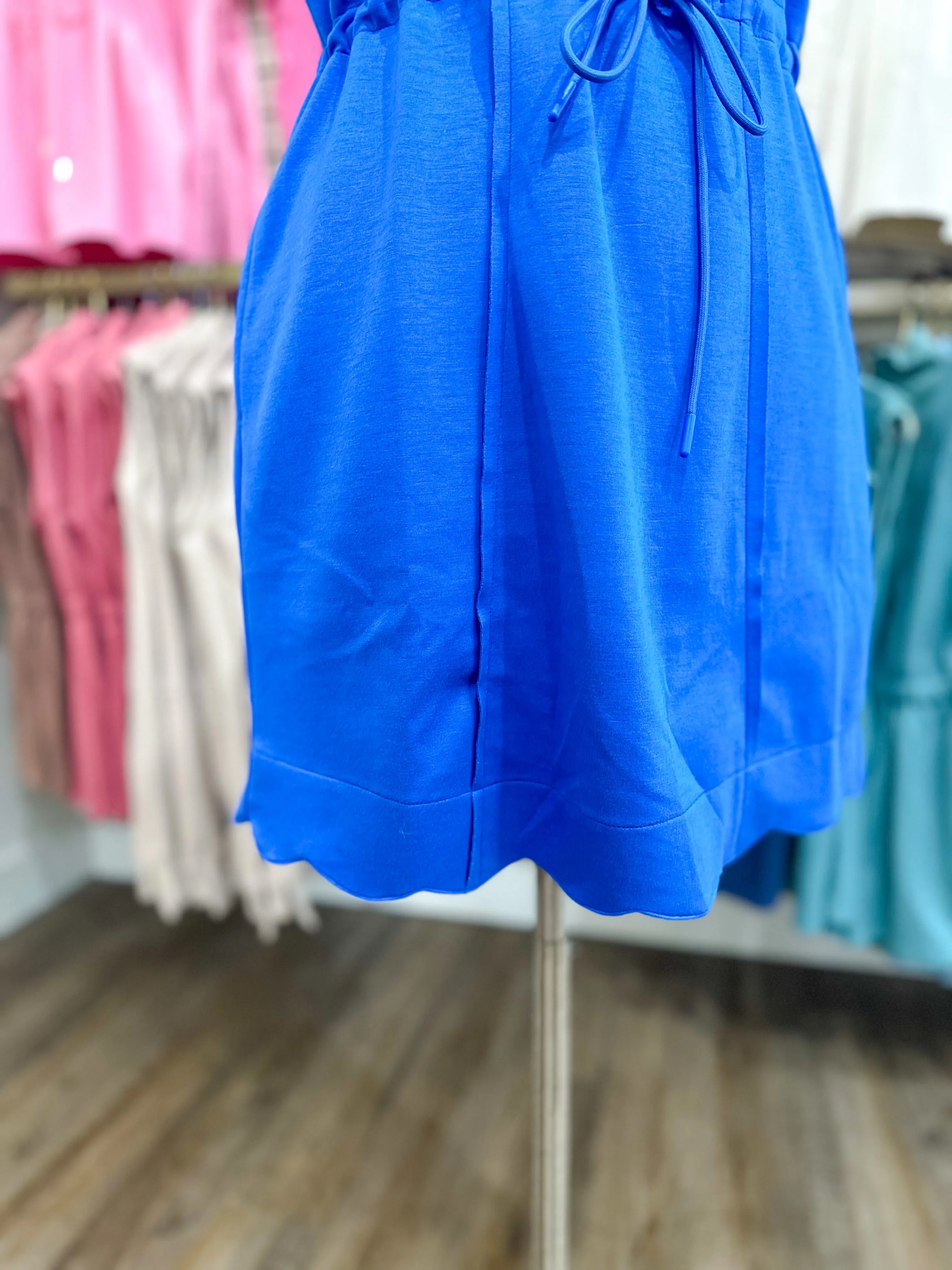 Tide & True Ocean Blue Scalloped Luxeknit Cap Sleeve Mini Dress Drawstring Waist