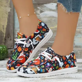 Women's Lace-Up Round Toe Flat Casual Shoes with Santa Claus Design 74167537C