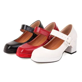 Women's Platform Pumps Snake Printed Mary Janes Buckle Straps Block Chunky Heel
