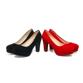 Women's  Suede Almond Toe Chunky Heel Platform Pumps
