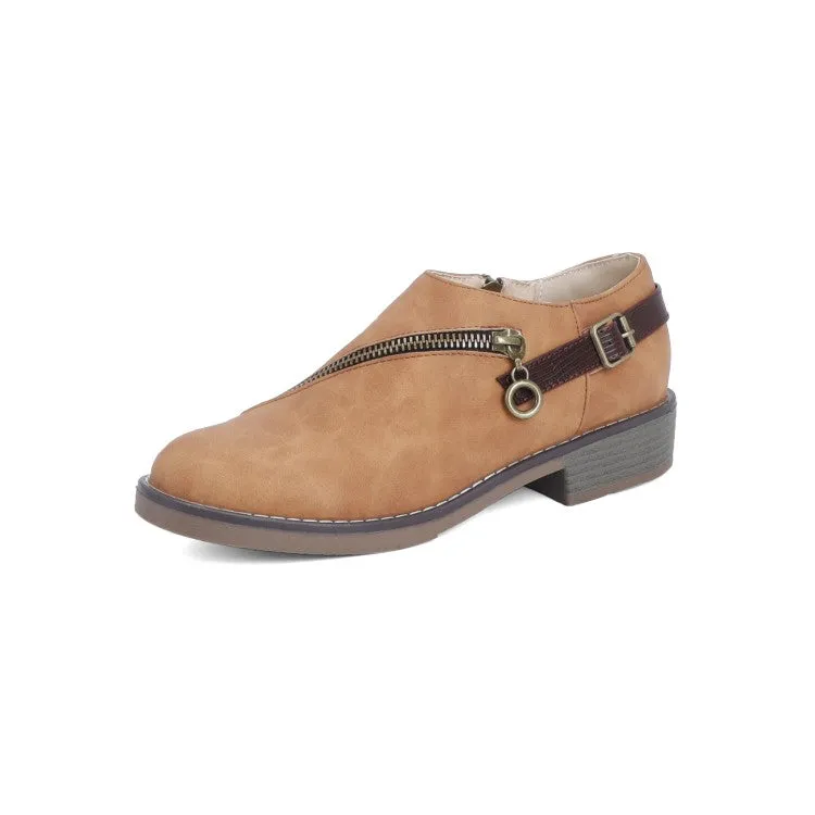 Women's Zip Deco Belt Block Low Heels Shoes